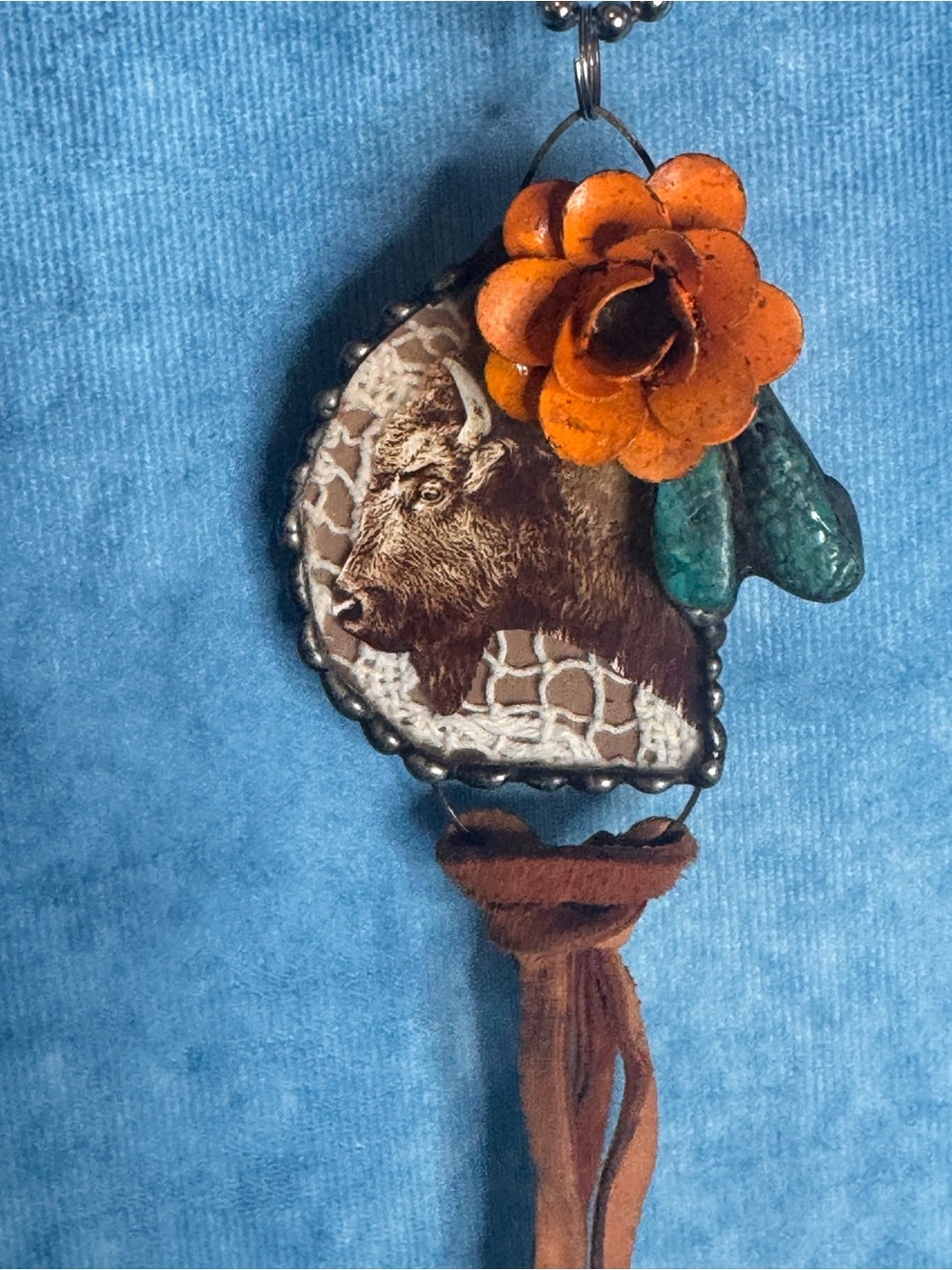Handcrafted Orange Flower Bison Pendant Necklace